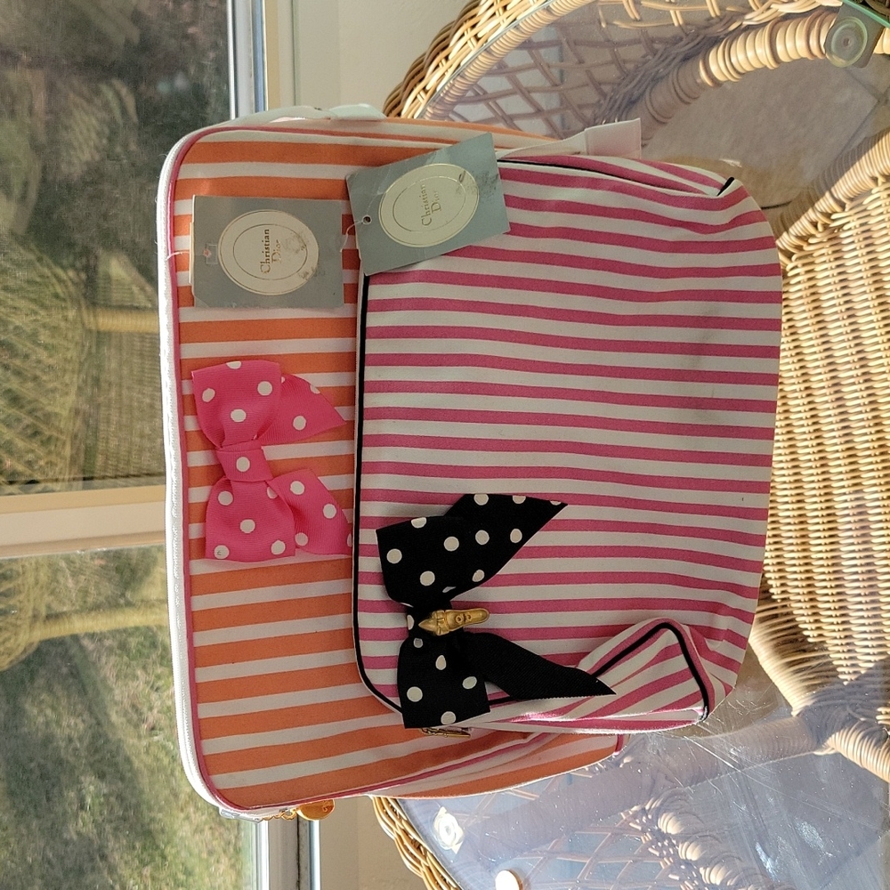 Christian Dior rare vintage pink and peach striped cosmetic bags, 2 piece